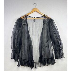 Vintage Seductive Wear 1X Black Sheer Lace Trim Organza Ruffle Kimono Cardigan